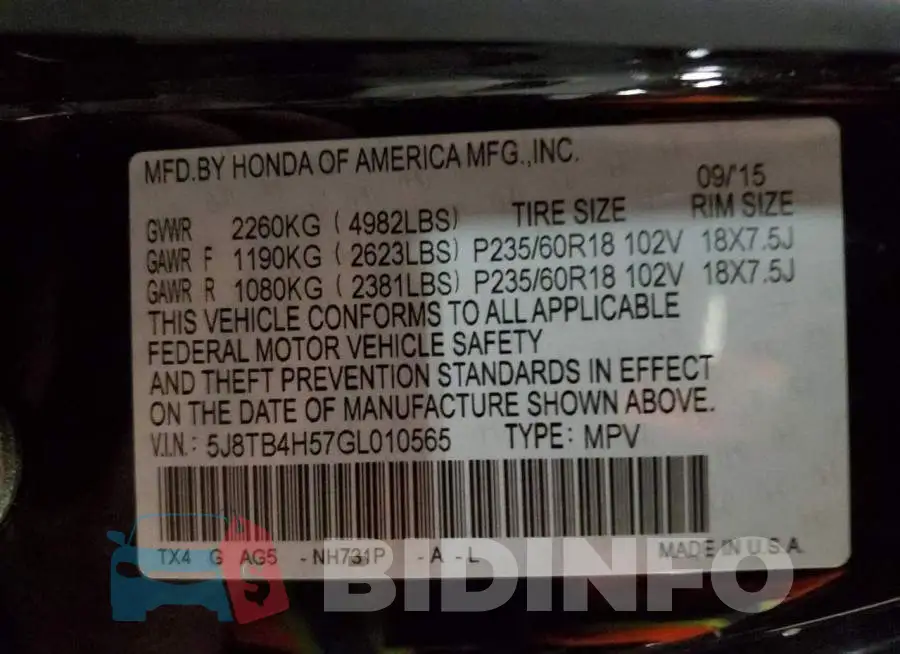 5J8TB4H57GL010565 Photo# 13