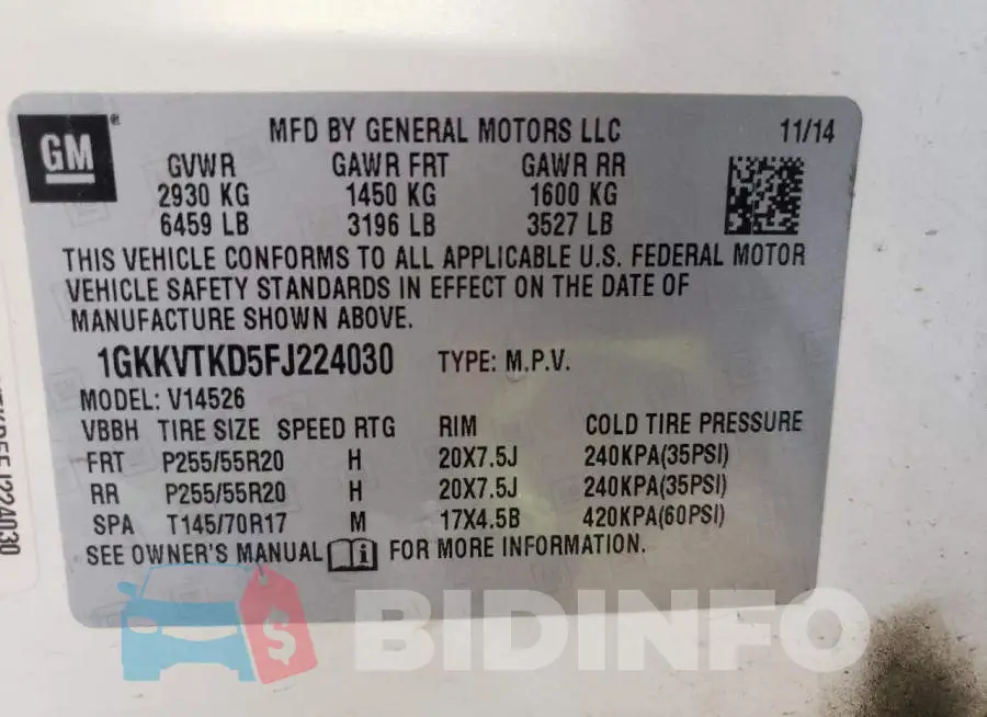 1GKKVTKD5FJ224030 Photo# 14