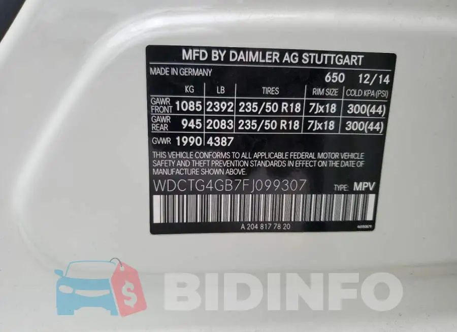 WDCTG4GB7FJ099307 Photo# 13