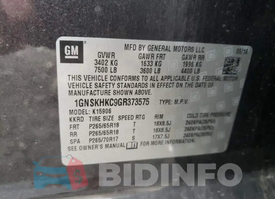 1GNSKHKC9GR373575 Photo# 13