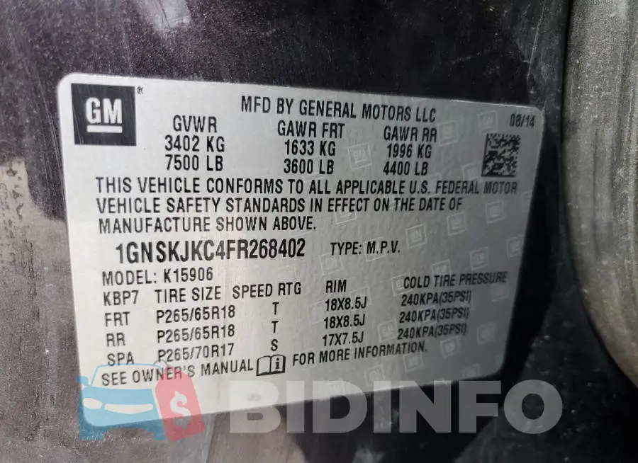 1GNSKJKC4FR268402 Photo# 13