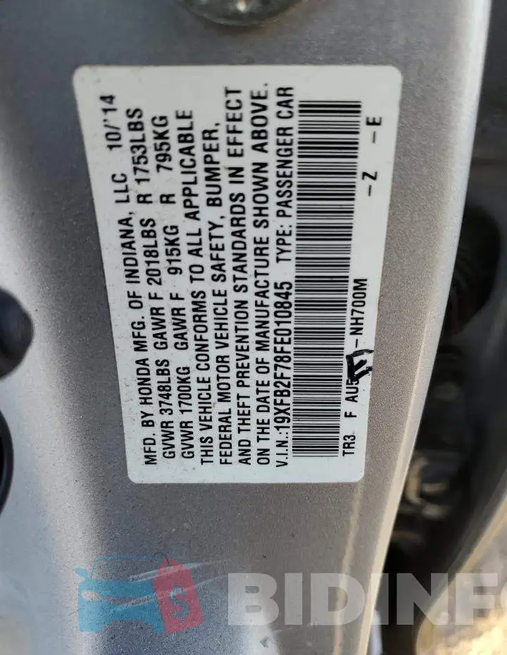 19XFB2F78FE010845 Photo# 12