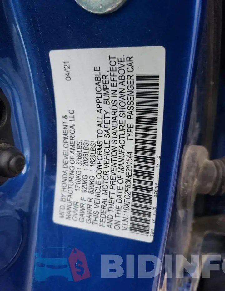 19XFC2F83ME201544 Photo# 12