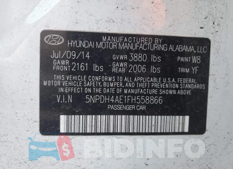 5NPDH4AE1FH558866 Photo# 12