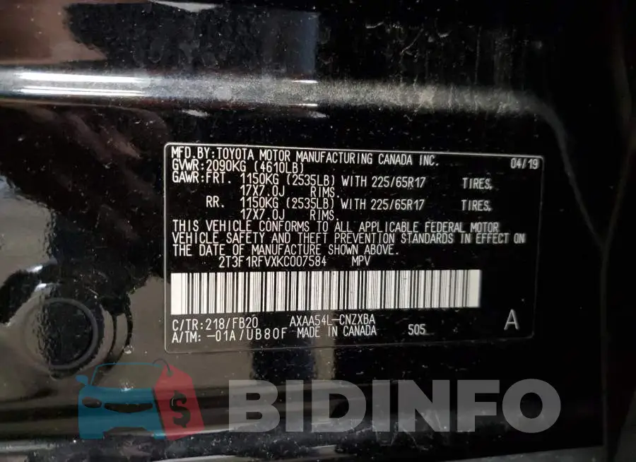2T3F1RFVXKC007584 Photo# 12