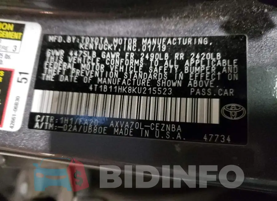 4T1B11HK8KU215523 Photo# 12