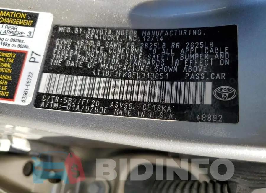 4T1BF1FK9FU013851 Photo# 12