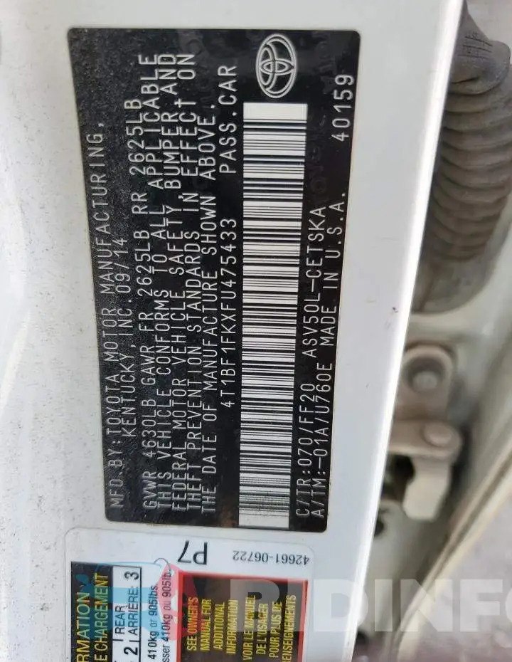 4T1BF1FKXFU475433 Photo# 12