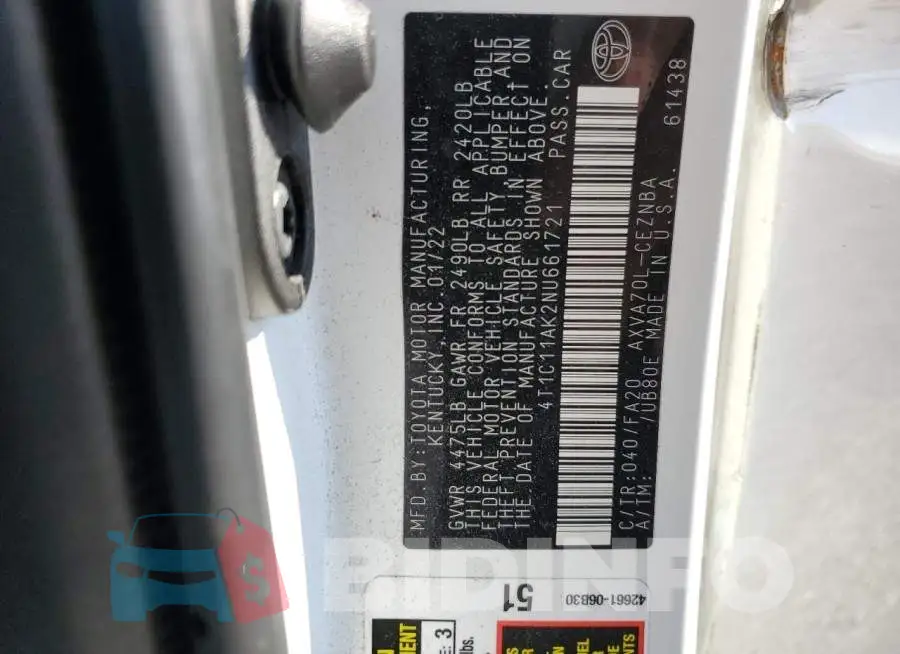 4T1C11AK2NU661721 Photo# 13