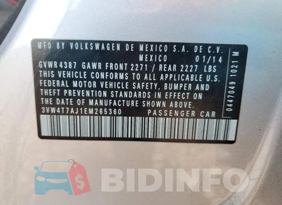 3VW4T7AJ1EM265360 Photo# 13