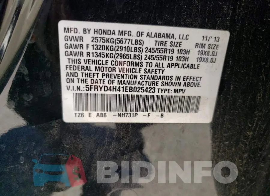 5FRYD4H41EB025423 Photo# 14