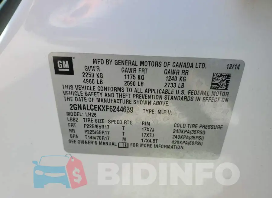 2GNALCEKXF6244639 Photo# 13