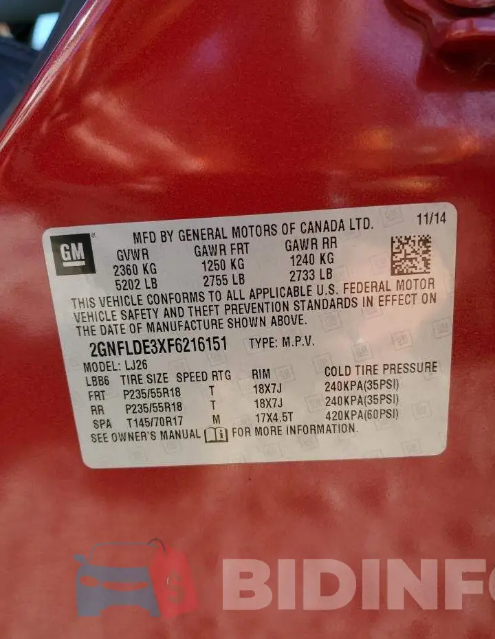 2GNFLDE3XF6216151 Photo# 13