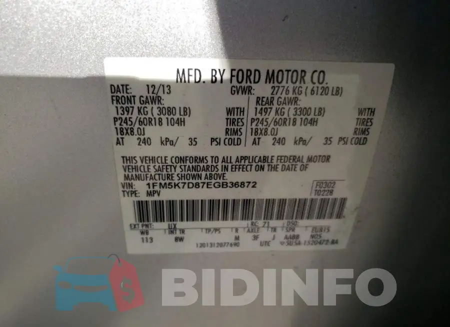 1FM5K7D87EGB36872 Photo# 14