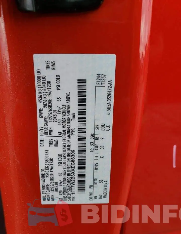 1FT7W2B6XKEG86306 Photo# 13