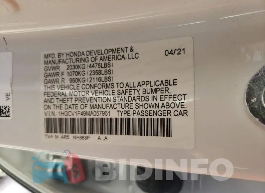 1HGCV1F49MA057961 Photo# 12