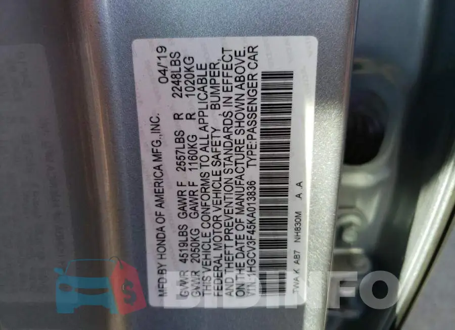 1HGCV3F45KA013836 Photo# 12