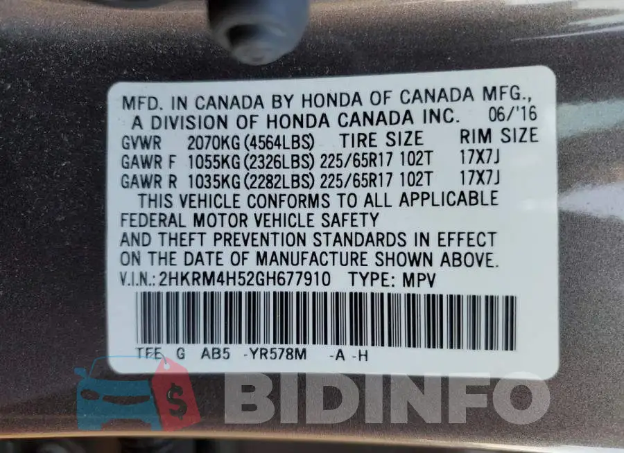 2HKRM4H52GH677910 Photo# 13