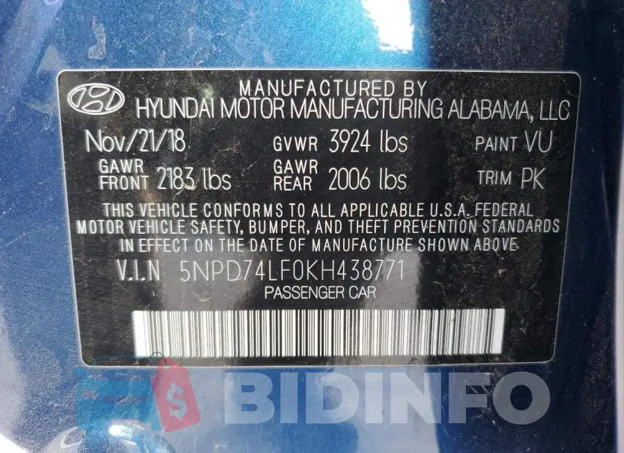 5NPD74LF0KH438771 Photo# 13