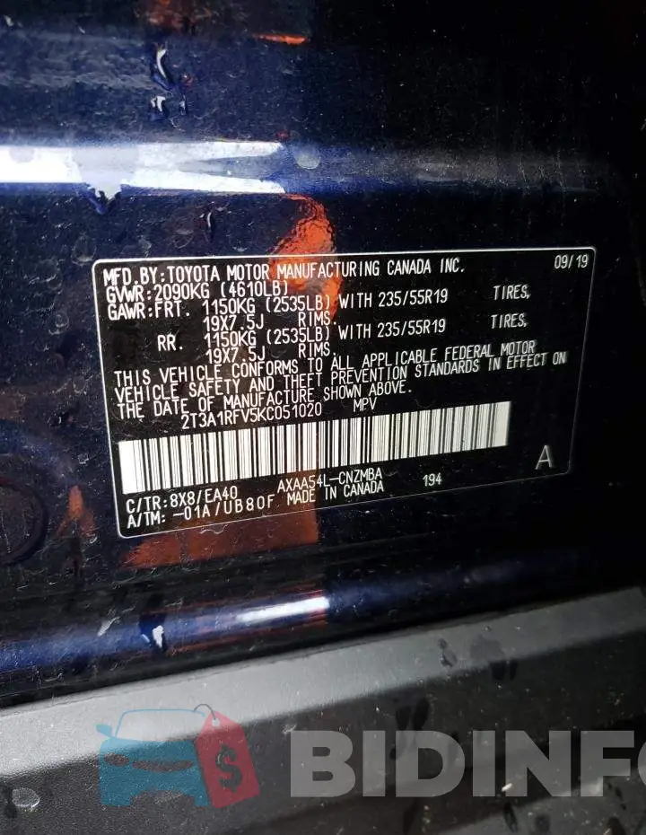 2T3A1RFV5KC051020 Photo# 13