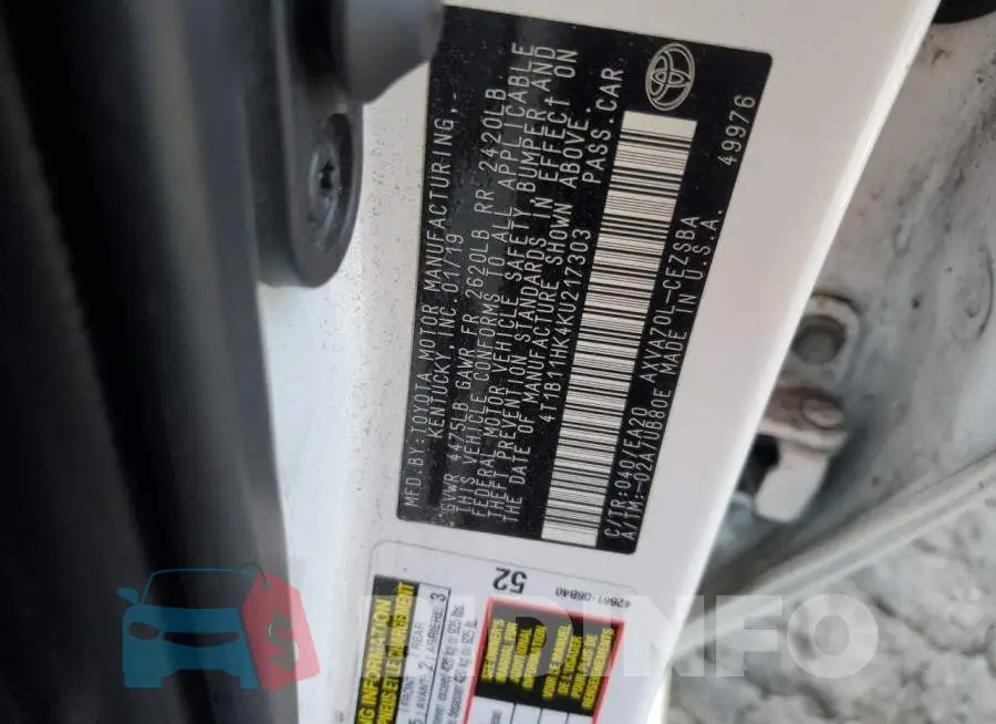 4T1B11HK4KU217303 Photo# 12