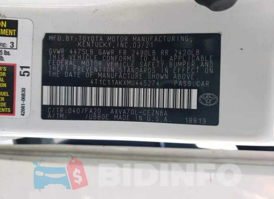 4T1C11AKXMU445274 Photo# 12