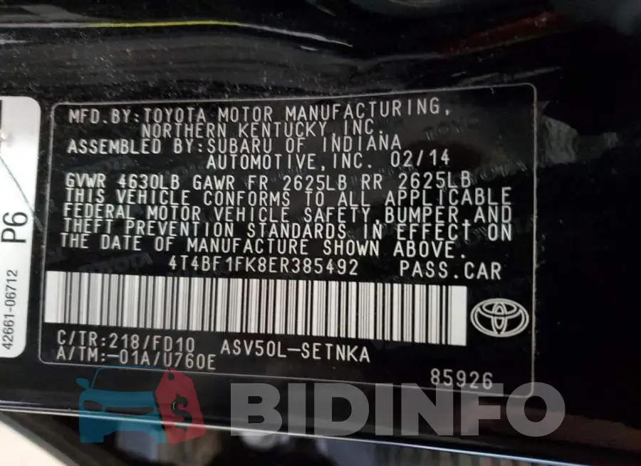 4T4BF1FK8ER385492 Photo# 13