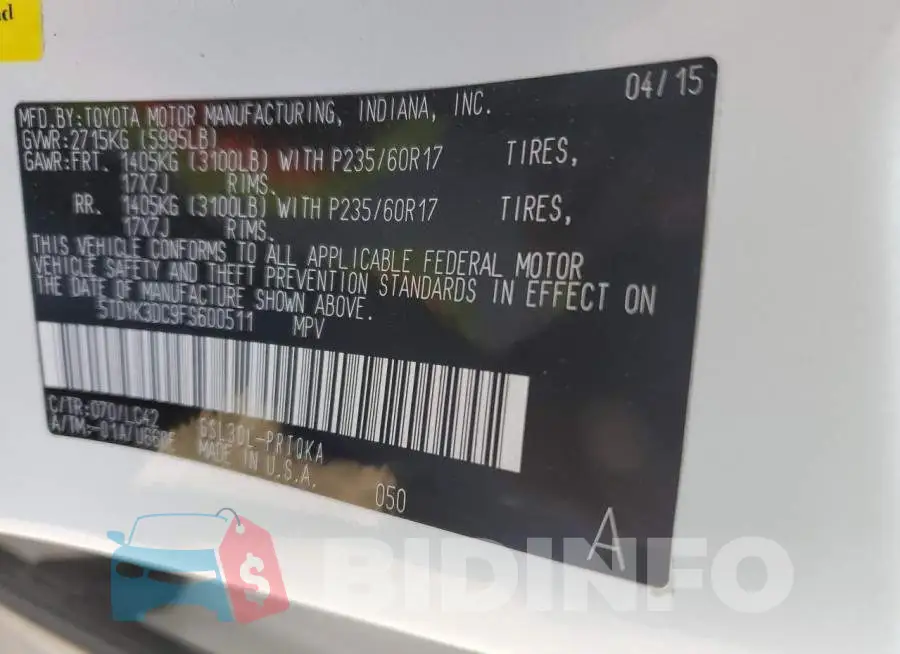 5TDYK3DC9FS600511 Photo# 14