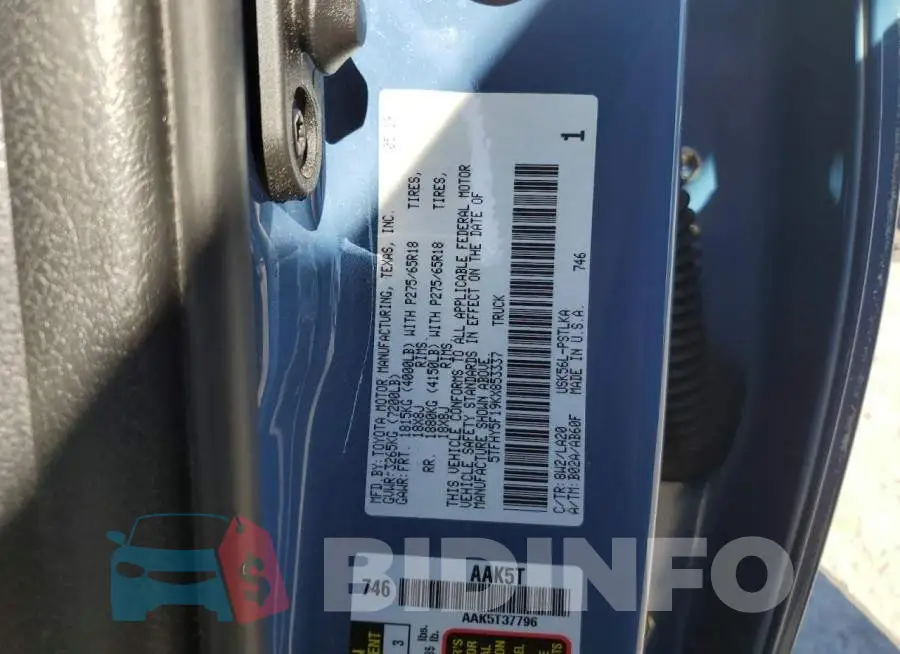5TFHY5F19KX853337 Photo# 12