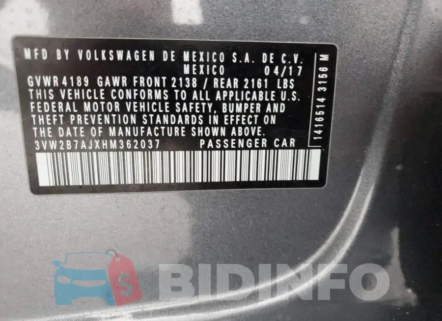 3VW2B7AJXHM362037 Photo# 12