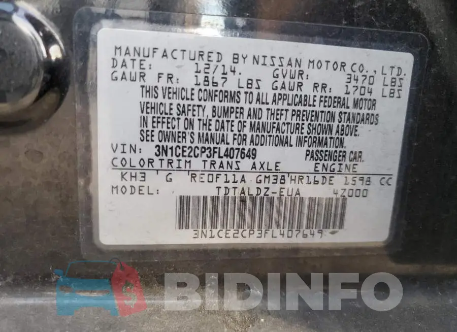 3N1CE2CP3FL407649 Photo# 13
