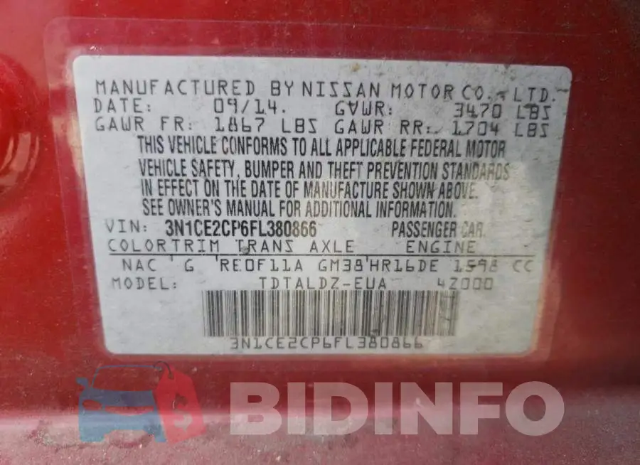 3N1CE2CP6FL380866 Photo# 13