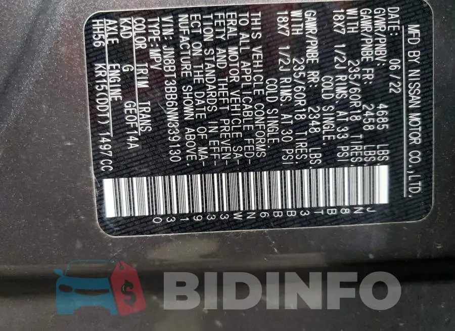JN8BT3BB6NW339130 Photo# 13