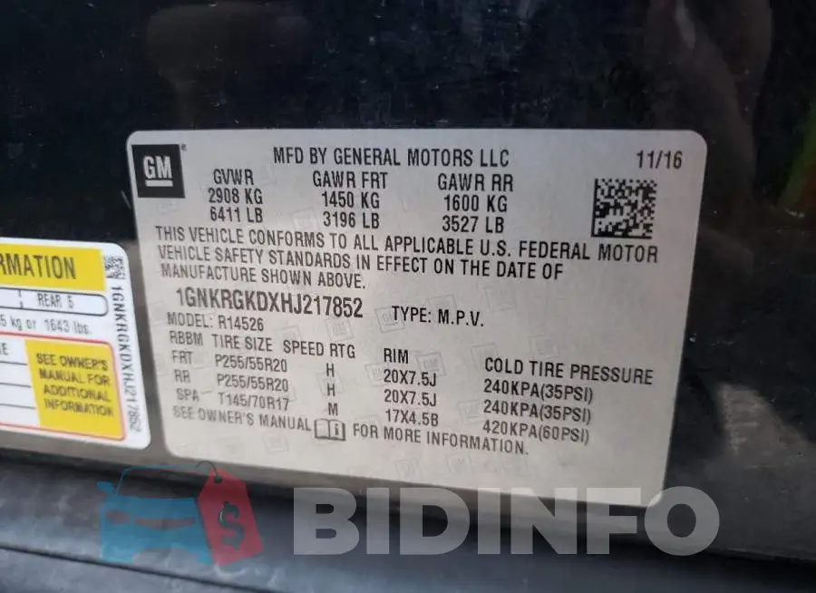 1GNKRGKDXHJ217852 Photo# 12