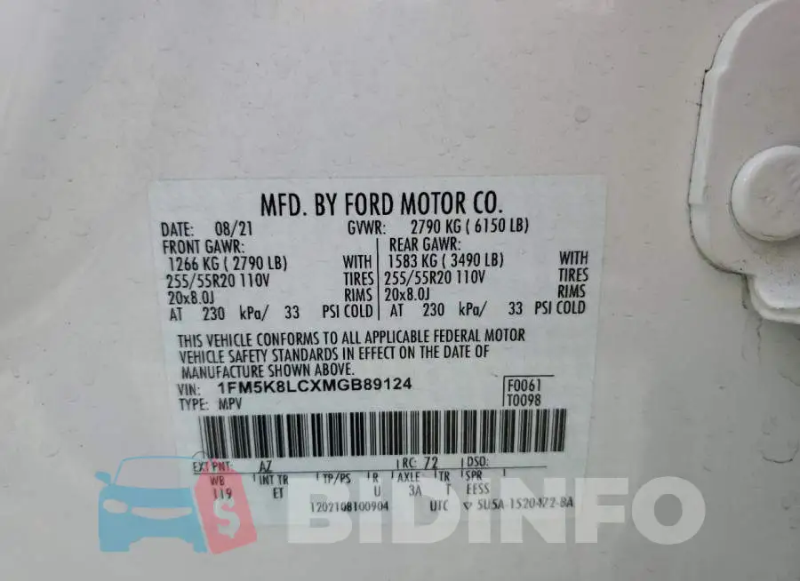 1FM5K8LCXMGB89124 Photo# 14