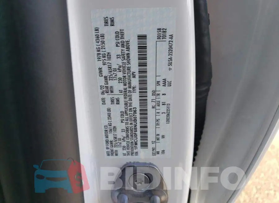 1FMCU0F68NUB07063 Photo# 13