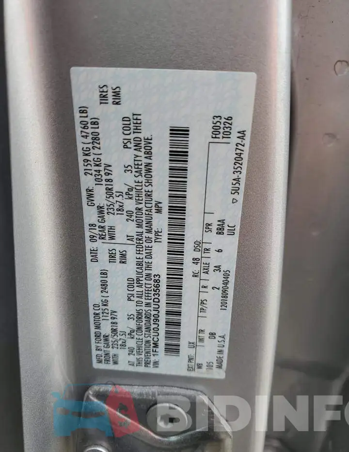 1FMCU0J90JUD35683 Photo# 12