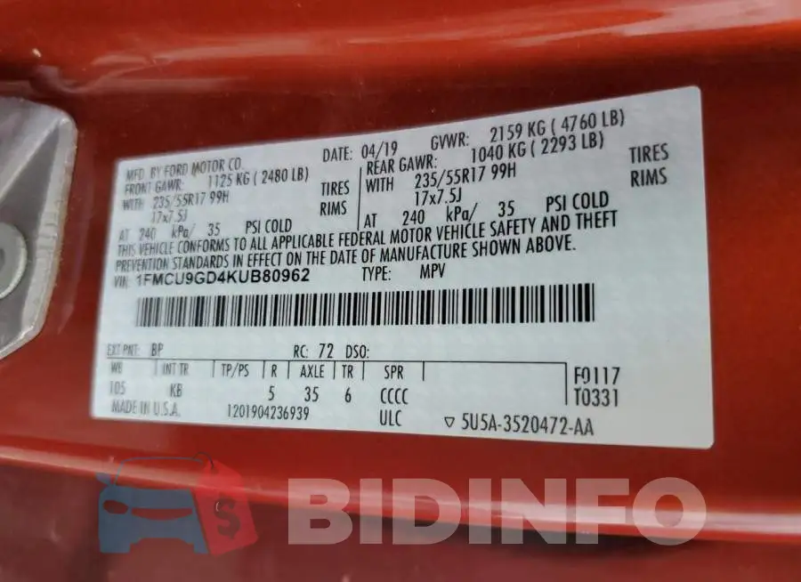 1FMCU9GD4KUB80962 Photo# 14