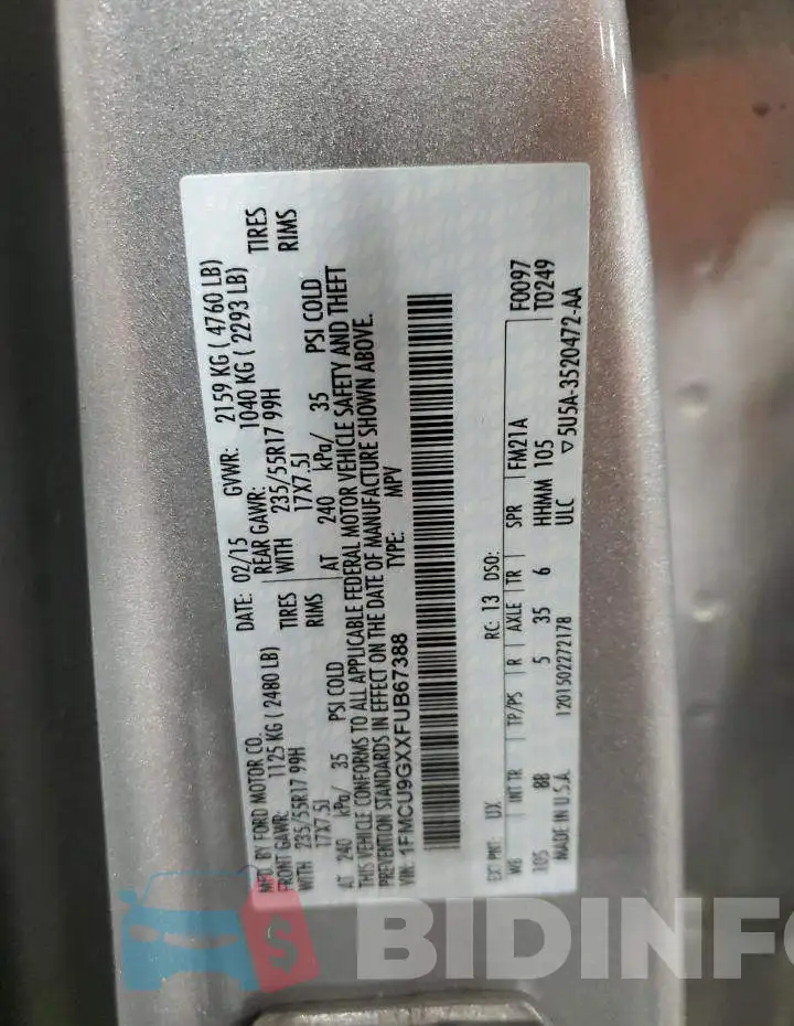 1FMCU9GXXFUB67388 Photo# 13