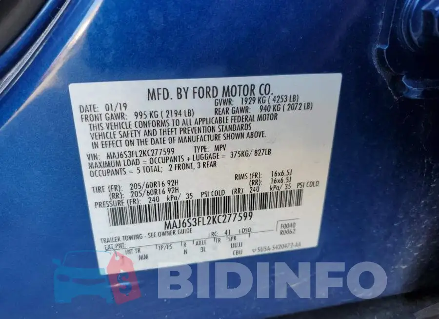 MAJ6S3FL2KC277599 Photo# 13