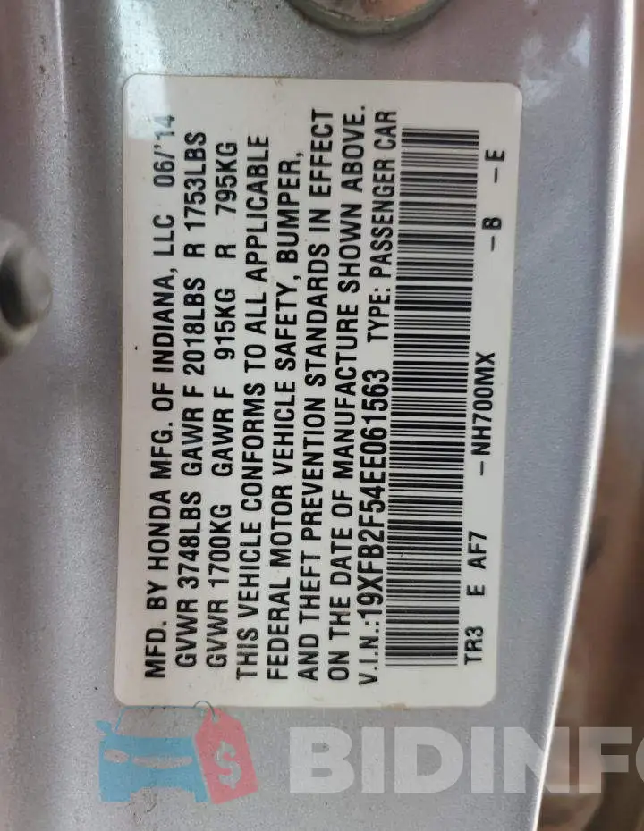 19XFB2F54EE061563 Photo# 12