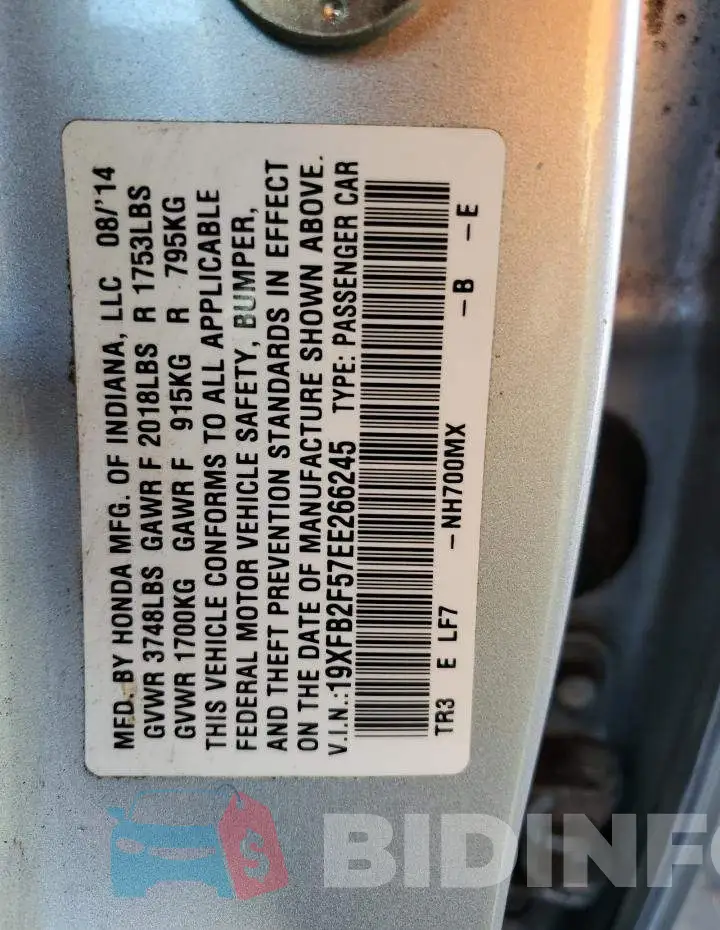 19XFB2F57EE266245 Photo# 12