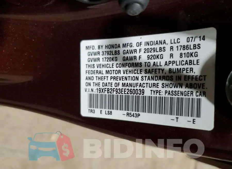 19XFB2F93EE260039 Photo# 12