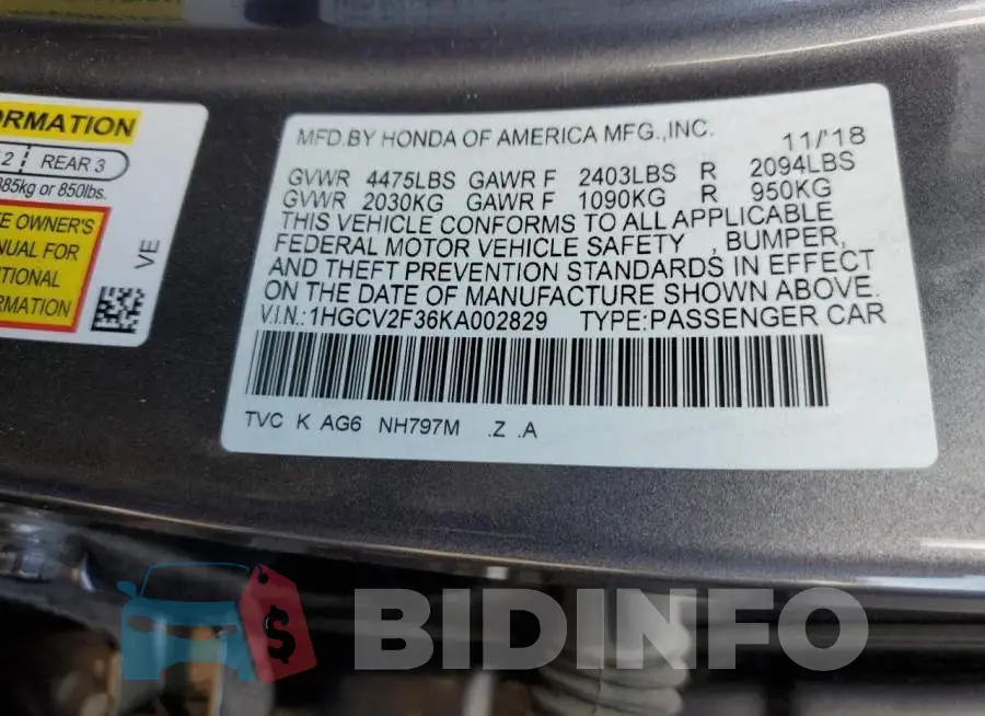 1HGCV2F36KA002829 Photo# 12