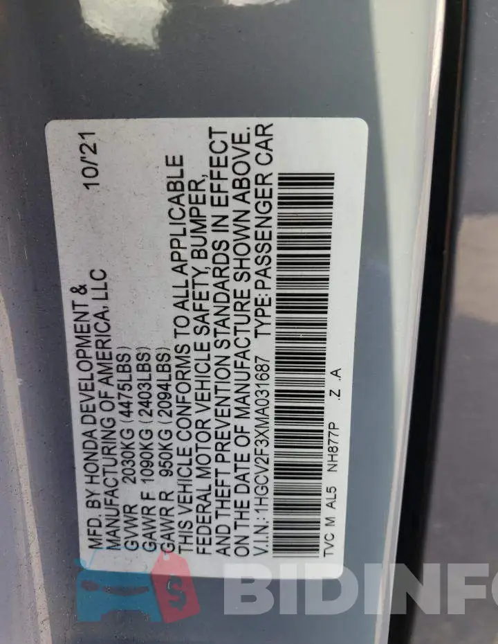 1HGCV2F3XMA031687 Photo# 12