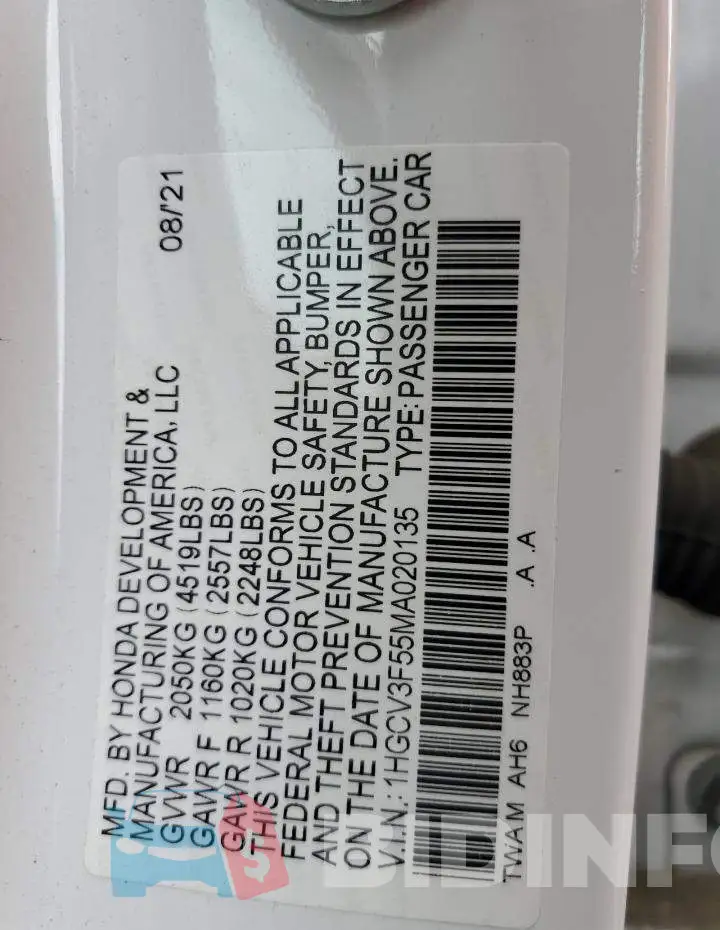 1HGCV3F55MA020135 Photo# 12