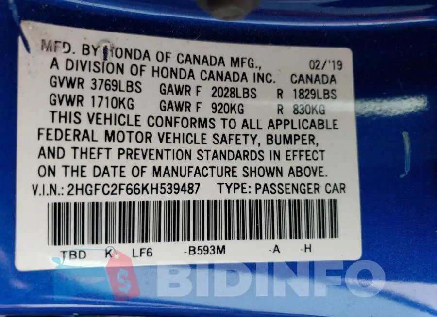 2HGFC2F66KH539487 Photo# 12