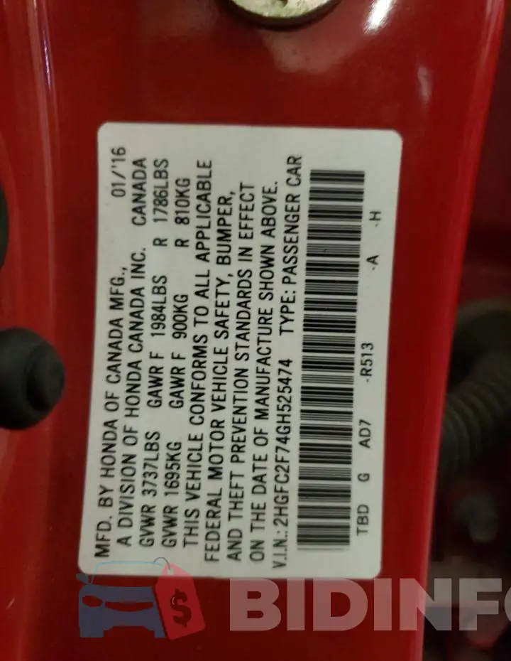 2HGFC2F74GH525474 Photo# 12