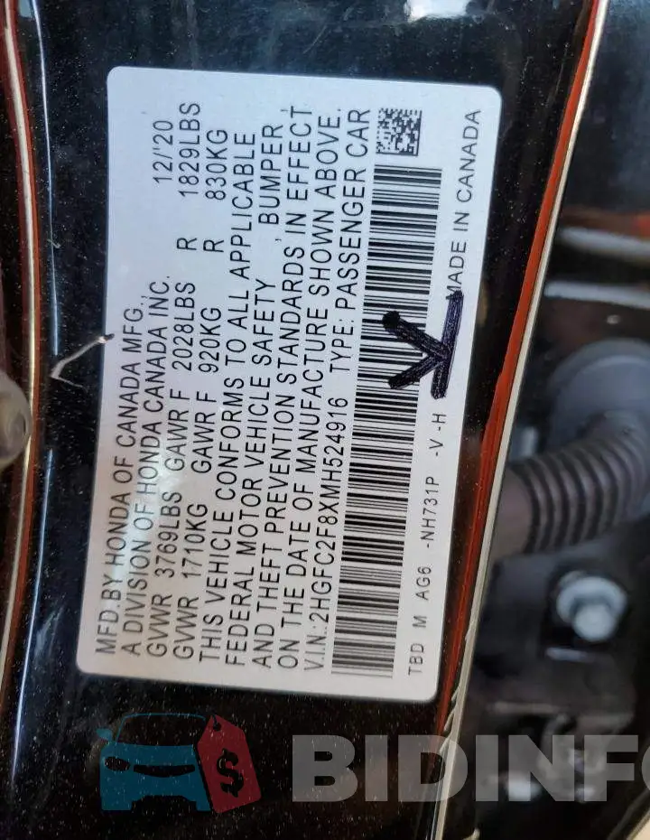 2HGFC2F8XMH524916 Photo# 12