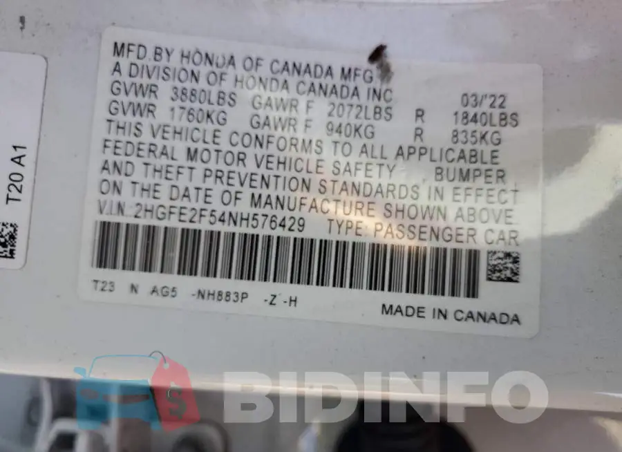 2HGFE2F54NH576429 Photo# 12